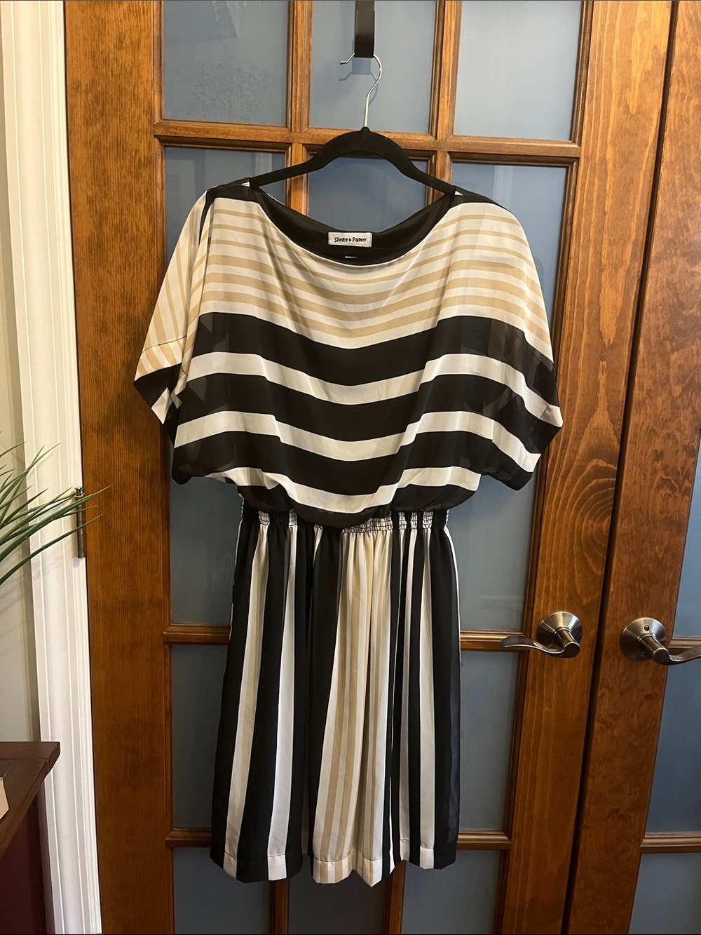 Chelsea & Violet Black and Cream Striped Mini Dress with elastic waist.